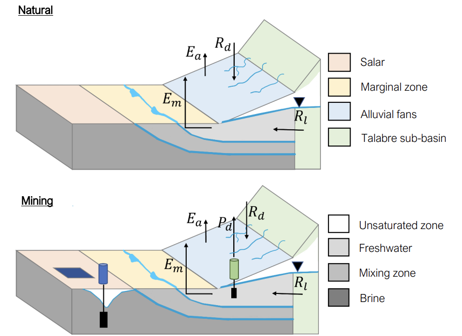 Block diagrams of the Salar de Atacama basin under natural conditions and with mining, showing recharge, evaporation and freshwater pumping in the alluvial fans